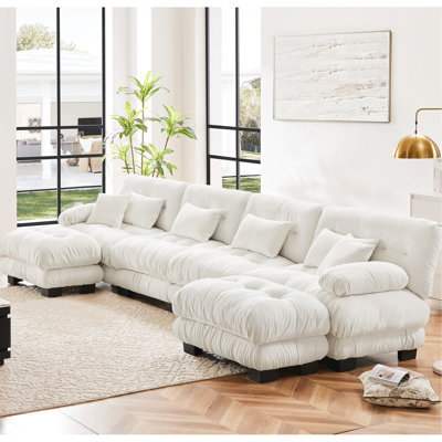 U Shaped Sectional For Various Needs - 4 In Chenille White With 2 Ottomans Elegant Space Designing