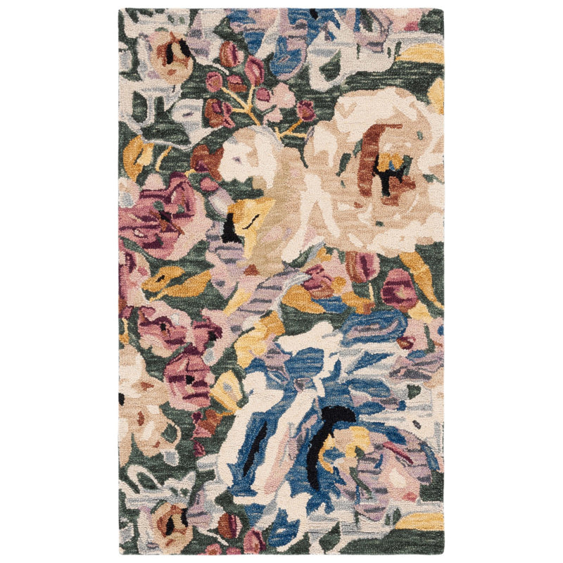 Kasie-Jane Hand Tufted Wool/Cotton Floral Rug in Green/Ivory, Rectangle 3' x 5'