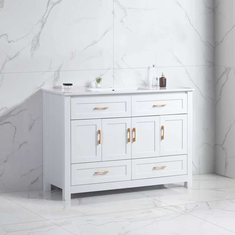 Ensemble de meuble-lavabo avec lavabo en céramique, armoire de rangement abondante - 4 portes à fermeture douce et 4 tiroirs