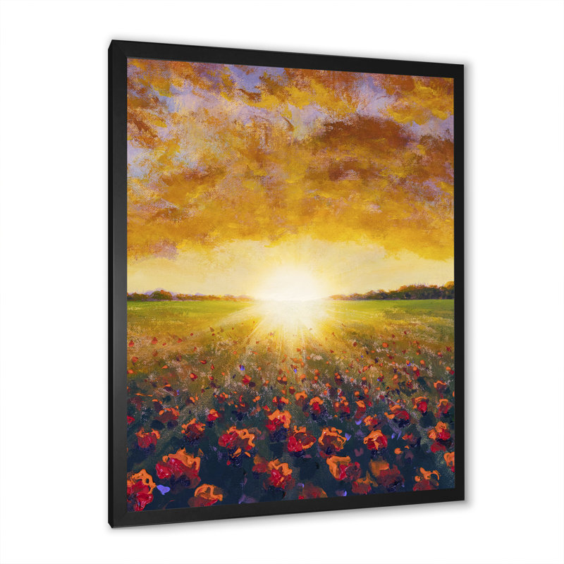 «Sunset on Poppies Wildflowers Field III», œuvre d'art traditionnelle sur toile, Impression noire sur toile encadrée