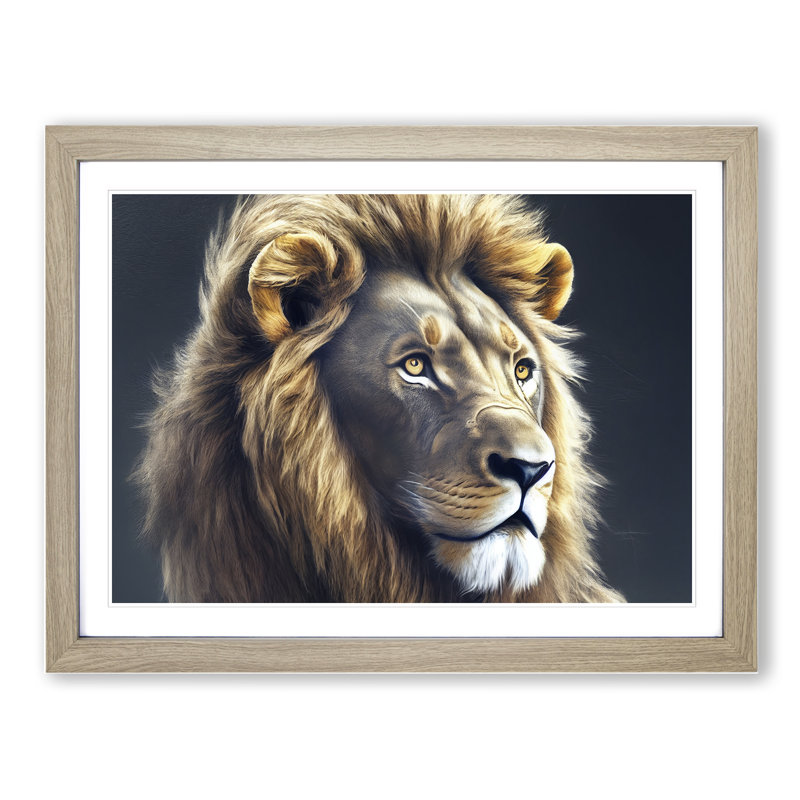 Relaxed Lion - Single Picture Frame Painting, 34cm H x 46cm W x 2cm D, Oak Framed