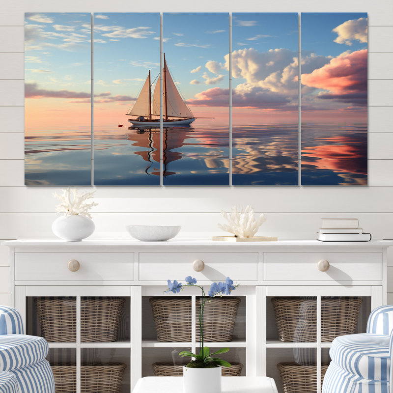 Voilier rose pastel Sunset Reflection II - salon d'art mural bateau - 5 panneaux égaux
