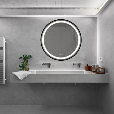 Miroir de salle de bain pour salle de bain avec fond de panier, cadre en alliage d'aluminium noir, luminosité élevée, tactile à intensité variable, contrôle de l'interrupteur mural, antibuée, réglable CRI 95 3000K-4500K-6000K