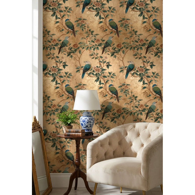 Papier peint floral, oiseaux, décoration murale dorée