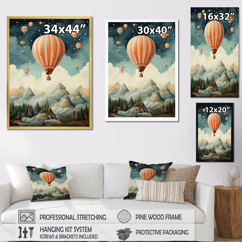 «A Classic Art Study of a Hot Air Balloon in Flight Mountain View», reproduction sur toile, Cadre photo noir simple