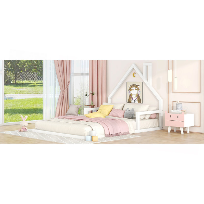 Lit simple en bois avec tête de lit en forme de maison, blanc, Lit simple, Blanc