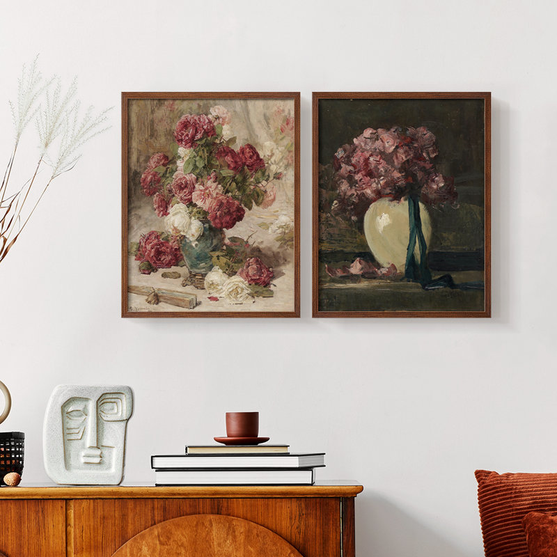 «Vintage Floral», ensemble de 2 estampes numériques encadrées, Noyer, H 17 po x l 42 po