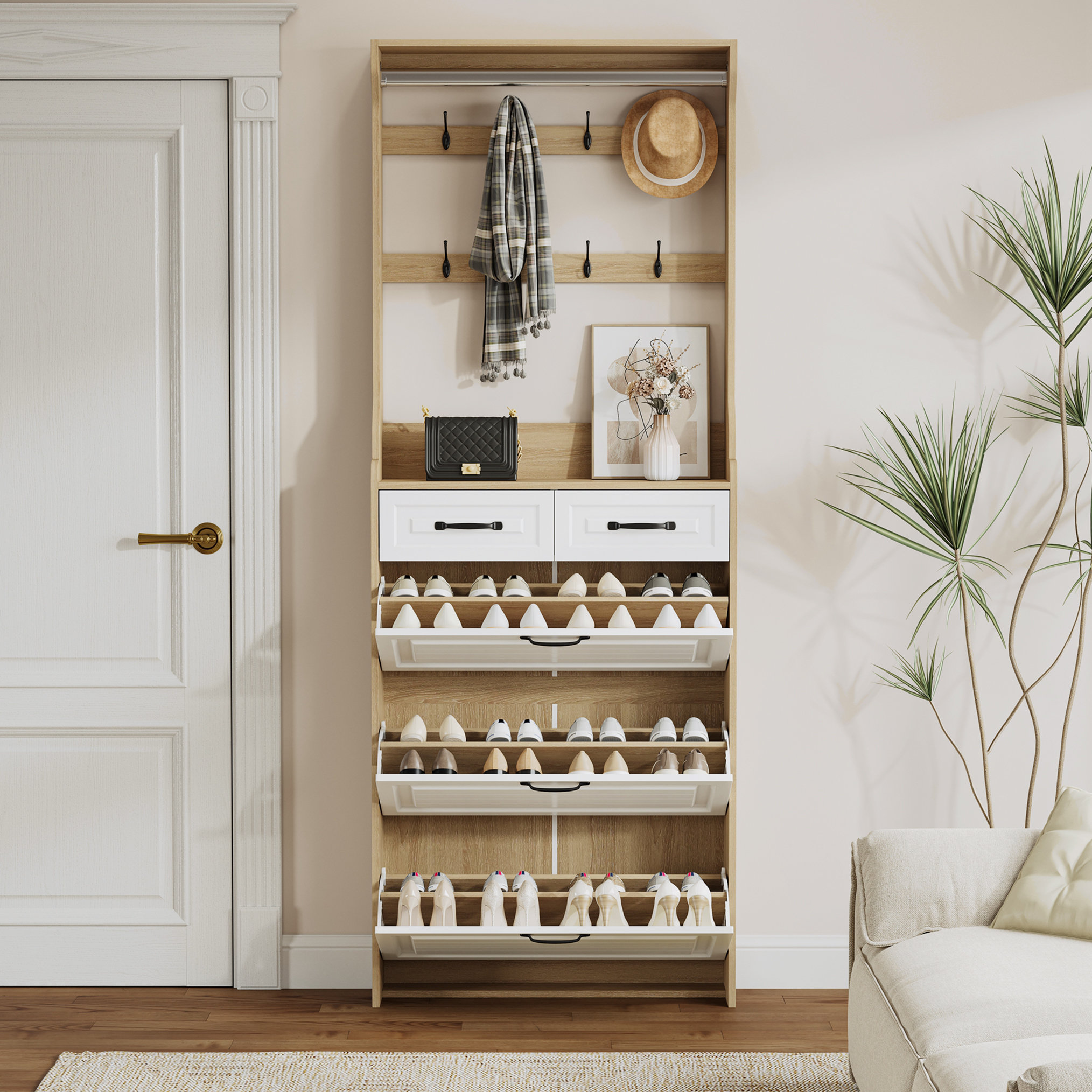 Red Barrel Studio® Shoe Cabinet with Hooks and Storage Drawers for ...