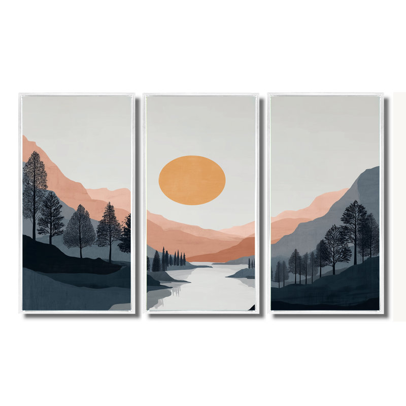 Ensemble de salon d'art mural côtier Sunsetter River Drift Mountains, H 40 po x l 60 po, Reproduction avec cadre flottant