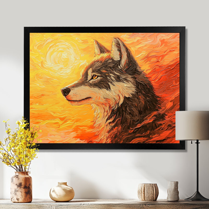 Portrait de loup au coucher du soleil I - loup, salon d'art mural, Reproduction encadrée d'une seule photo sans pass, Noir