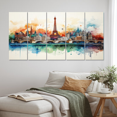 «Paris Skyline Eiffel Tower Vibrant Watercolor III - City Paris Wall Art Living Room - 5 Equal Panels»