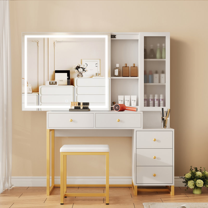 Modern Vanity Desk with LED Lights and Storage, Makeup Vanity Table With Charging Station & 5 Drawers, Storage Cabinet, Vanity Set With Sliding Mirror, Brightness Adjustable, For Bedroom, Dressing Room