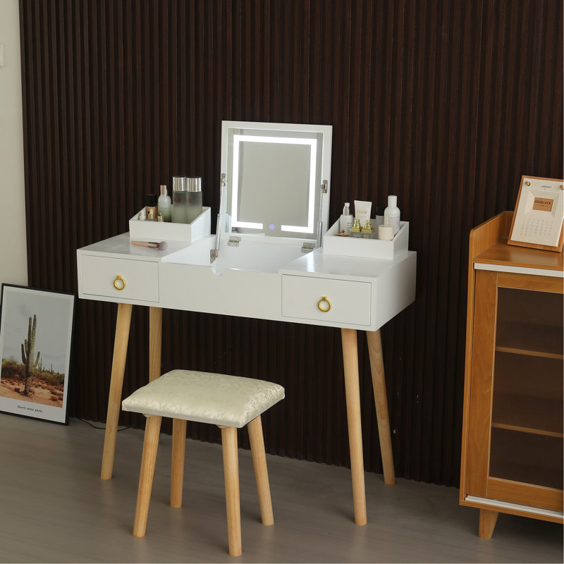 Bureau et miroir de coiffeuse doré et blanc avec DEL - 3 modes, tiroirs et armoire de rangement, pour la salle de bain de la chambre à coucher, stable, excellent maquillage éclairé or + blanc, miroir modes, armoire, organisateur des essentiels de beauté,