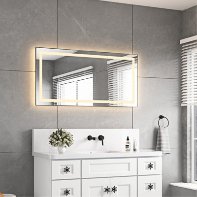 Miroir de salle de bain mural 122 x 61 cm avec éclairage DEL avant et arrière, 3 couleurs disponibles, fini gris anthracite, cadre en aluminium, intensité lumineuse réglable en continu, fini gris anthracite, éclairage DEL intégré pour la salle de bain, réglage de la luminosité, fini gris anthracite
