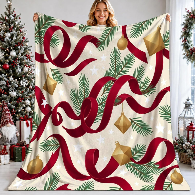 Jeté Christmas Ribbon and Pine Ornament, 60 x 80 po