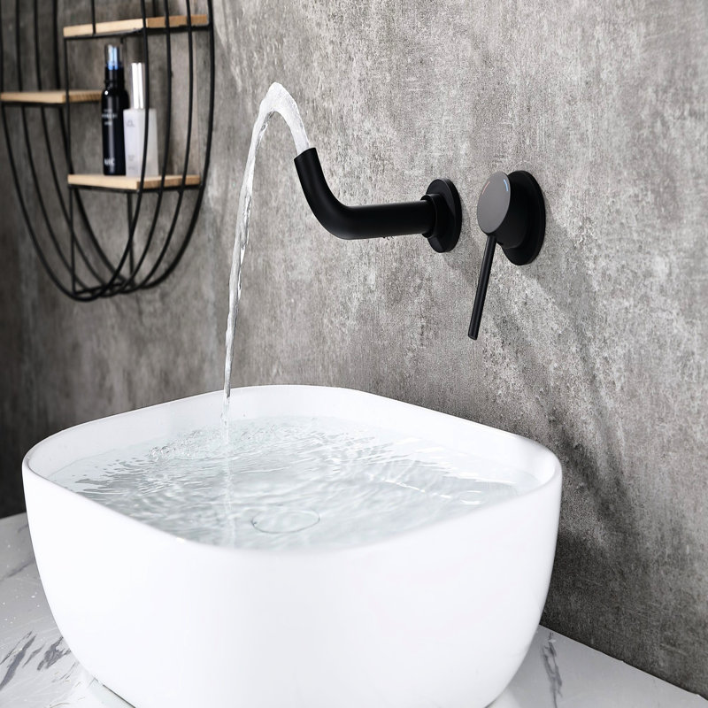 Bathroom Sink Wall Mount Faucet, Matte Black, Metal Construction, 2 Holes Single Handle With User- Interface Black Quality Brass, Wide Spout Reach