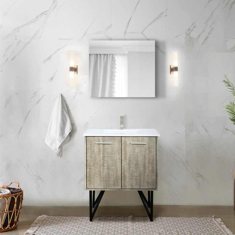 Meuble-lavabo rustique de 76 cm (30 po) avec comptoir en quartz blanc durable, robinet en nickel brossé et miroir mural de 71 cm (28 po) de large, suspension incluse