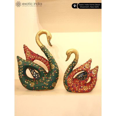  11" Brass Swan Pair Figurine With Inlay Work For Table Decoration