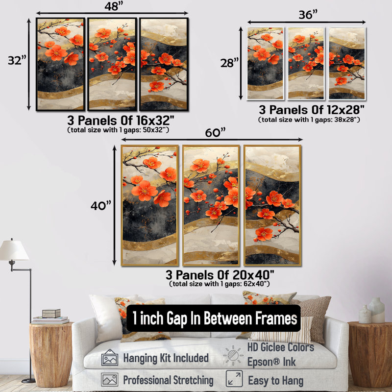 Ensemble de salon art floral orange sur une rivière d'or I - fleur de cerisier, Toile argentée avec cadre flottant