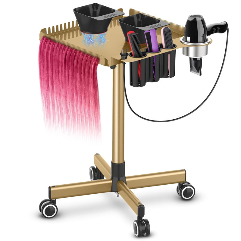 Plateau de salon doré à roulettes – Ensemble de plateau roulant pour salon avec bol magnétique pour teinture capillaire