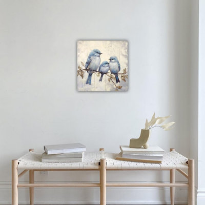Birds Family On Branch Unframed Canvas Wall Art 16" X 16"