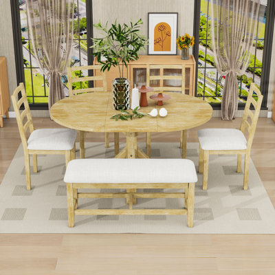 Ensemble de table de salle à manger extensible 6 pièces avec rallonge amovible, 4 chaises à dossier échelle et banc
