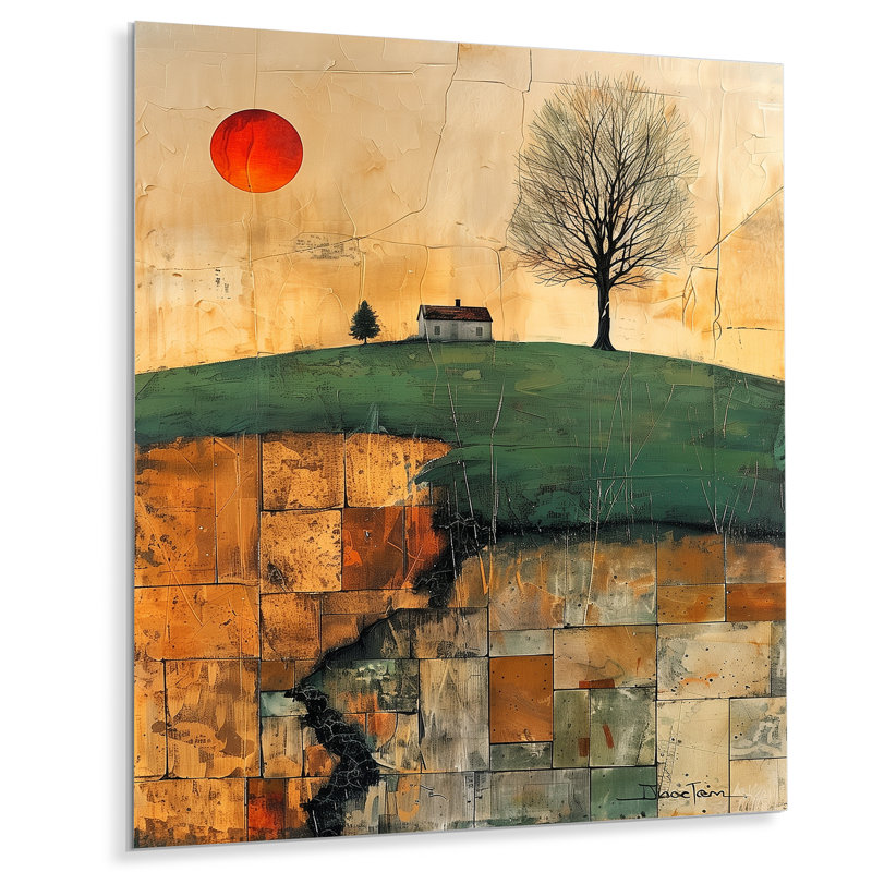 «Brun vert, automne, maison de campagne, coucher de soleil I - ferme, art mural salon, Métal métal, 32" H x 16" W