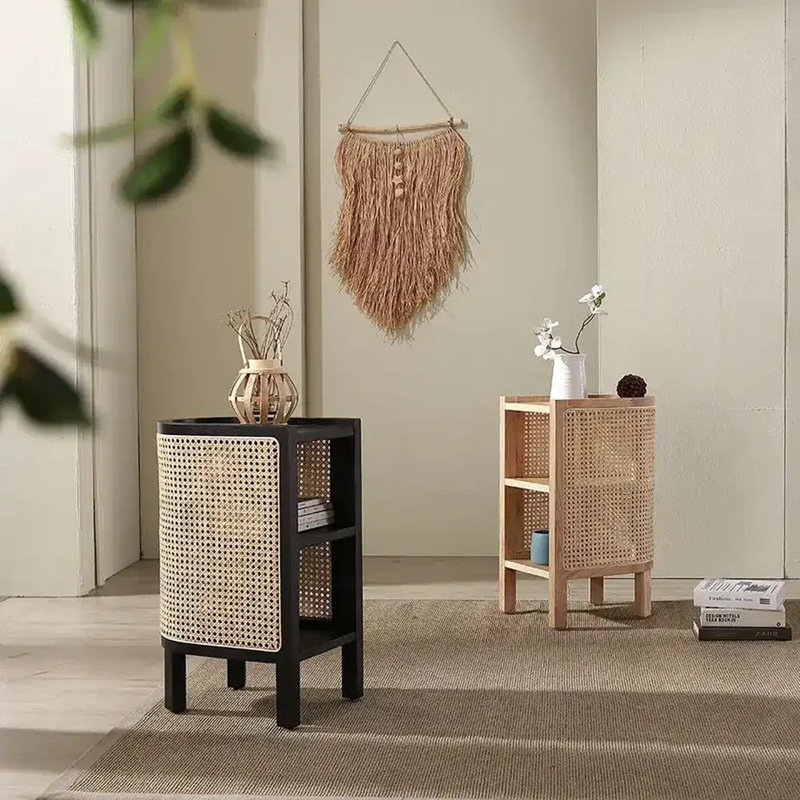 Farrow Solid Wood &  Rattan Bedside Table, Black