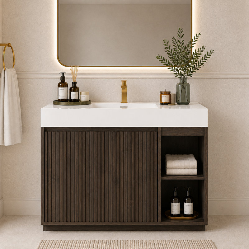 Meuble-lavabo autoportant de 122 cm (48 po) avec lavabo monobloc en surface solide, armoire de rangement spacieuse, fermeture amortie et design moderne