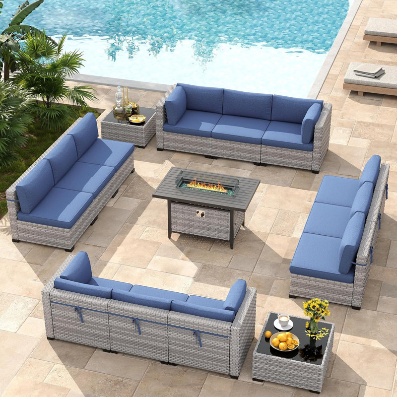 12 - Person Outdoor Wicker Patio Conversation Furniture Set with Fire Pit Table, Navy