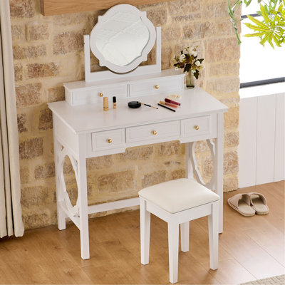 Compact Makeup Vanity Table with Reversible Mirror, Dressing Table Set with Stool, Space-Saving Beauty Station for Small Places, White