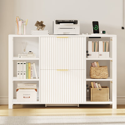 Classeur de luxe à 2 tiroirs avec serrure, portes cannelées en bois et tablettes ouvertes - Console de rangement de bureau moderne