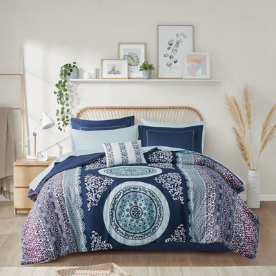 Literie de style simple - édredon médaillon bleu marine, drap, taies décoratives brodées et tendance avec imprimé d'édredon, coussin décoratif doux et luxueux