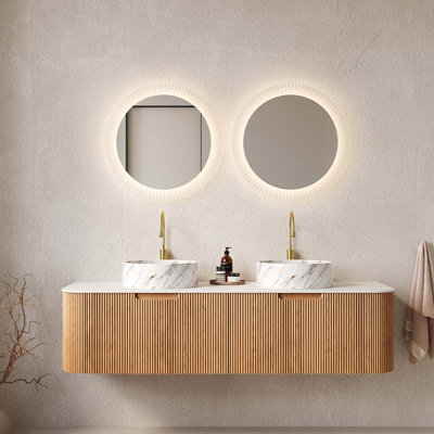 Meuble-lavabo de 60 po avec lavabo et lavabo 60 po, bordures arrondies et rayées avec 2 tiroirs, 2 lavabos ronds en céramique blanc mat et plateau en pierre frittée blanc de Carrare, pré-assemblé