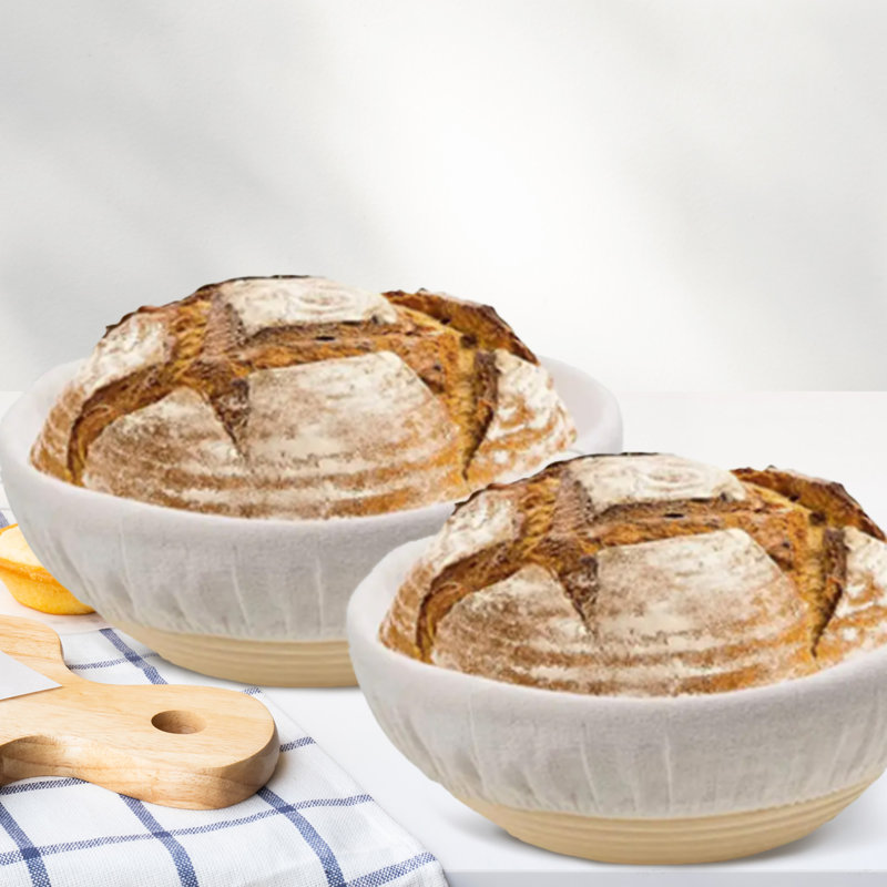 2-Piece Natural Rattan Round Bread Proofing Basket Set Baking Tools