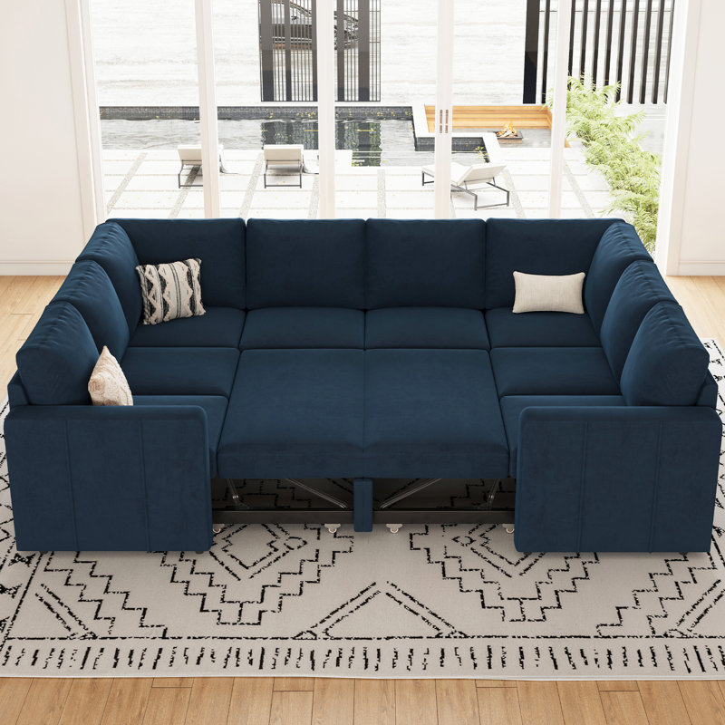 Divan-lit modulaire convertible en U Seybert, Velours bleu