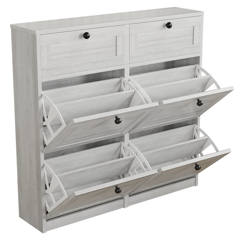 24 Pair Shoe Storage Cabinet With 2 Drawers, Gray Oak