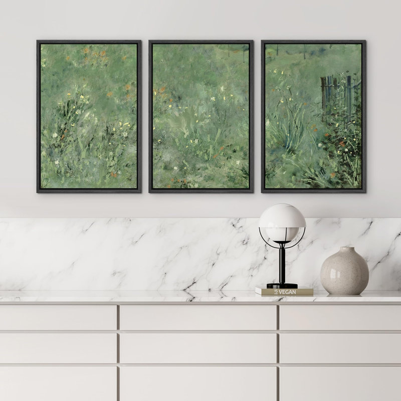 Paysage rustique vert rustique à la lueur rustique 3 - Pièces sur, Cadre flottant noir, H 24 po x l 48 po