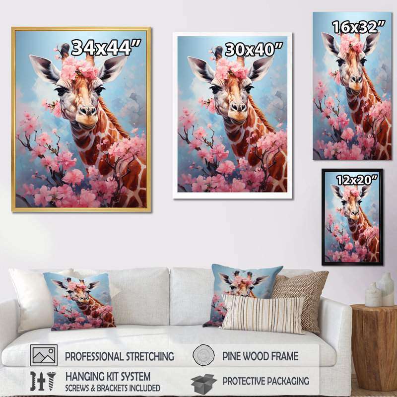 Adorable portrait de girafe rose sur toile, Cadre flottant doré, H 44 po x l 34 po x P 1,5 po