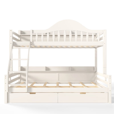 Wood Bunk Bed, Bunk Bed with Storage Drawers,  Curved Guardrail and Side Storage Shelves, Solid wood Bunk Bed Frame with Ladder, No Box Spring Needed, Multi‑Functional Bunk Bed for Kids Bedroom and Guest Room