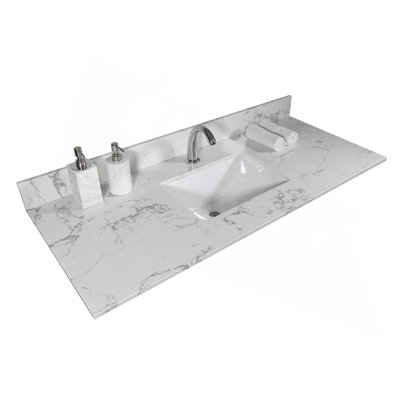 Dessus de meuble-lavabo en pierre de 43 po x 22 po avec marbre blanc de Carrare avec lavabo rectangulaire encastré en céramique et trou de robinet simple avec dosseret arrière.
