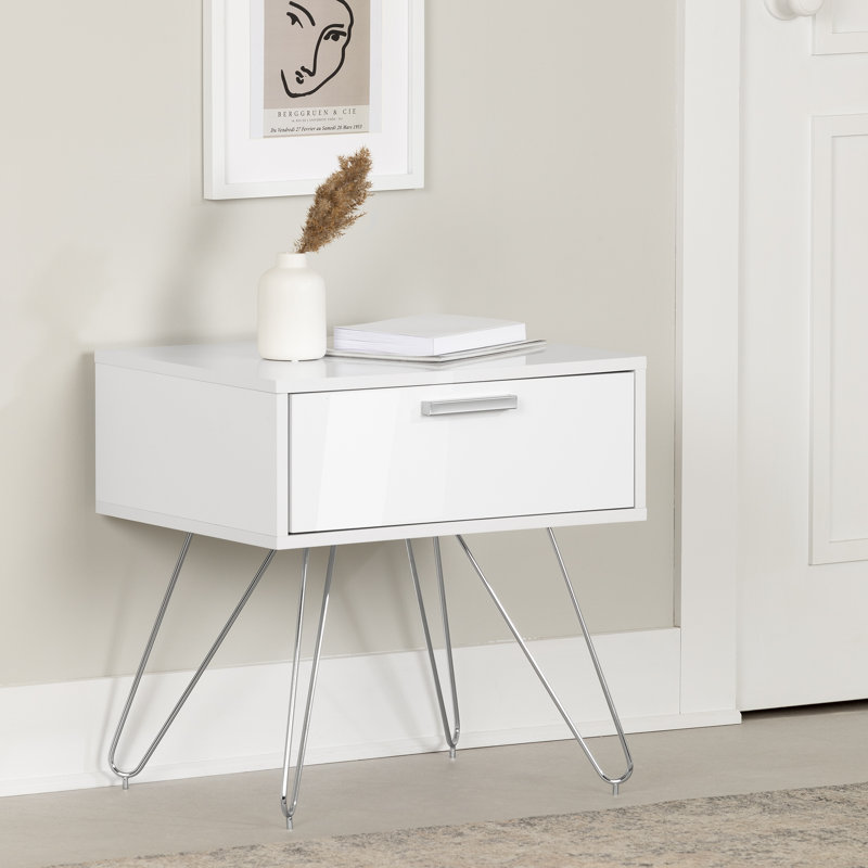 Pure White Scandinavian End Table with Storage Drawer and Metal Hairpin Legs
