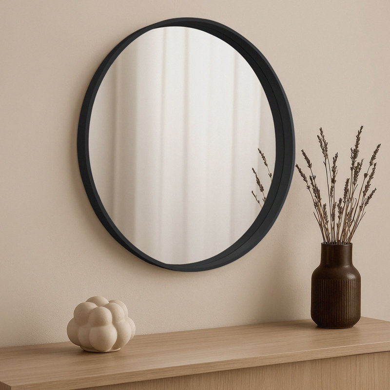 Muazzam Round Wall Mirror, 50cm, Wooden Deep Framed Circle Mirror, Black