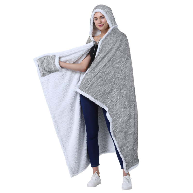 Light Gray Hooded Sherpa Fleece Wearable Blanket with Sleeves