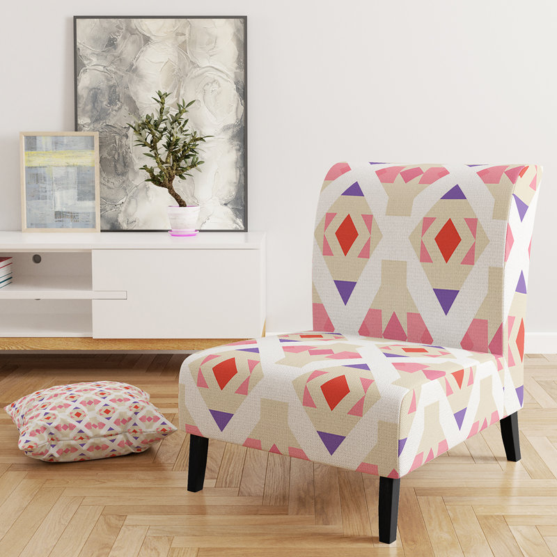 Hibiscus Garden III - Traditional Upholstered Slipper Chair, Geometric Pink Polyester Blend