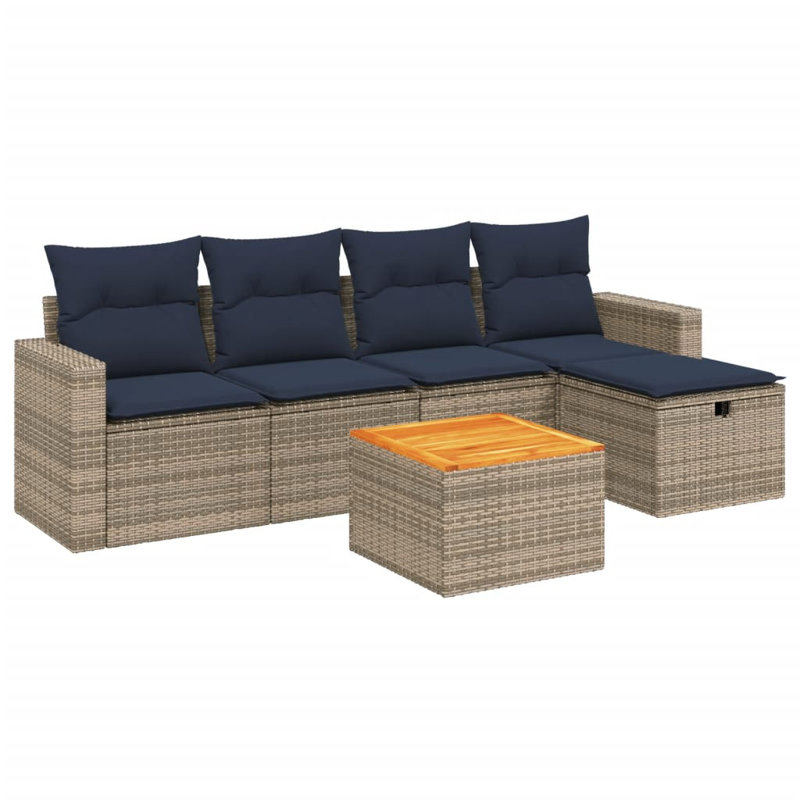 Ensemble de canapé de jardin 6 pièces avec coussins d'extérieur en rotin de polyester gris