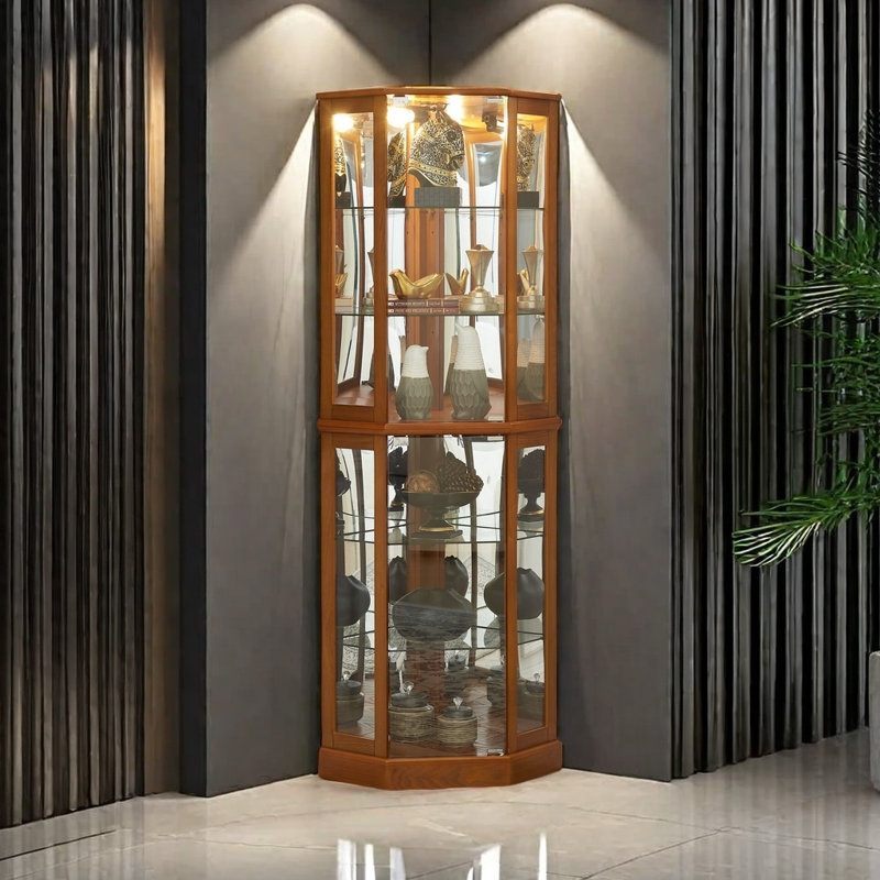 6 Shelf Corner Curio Display Cabinet With Lights, Mirrors And Adjustable Shelves(E26 Light Bulb Not Included), Oak