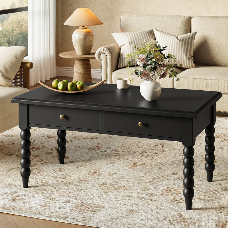 W40" X D22.2" Rectangular Wooden Coffee Table With Storage Drawers, Vintage Cocktail Table With Solid Wood Gourd-Shaped Legs For Living Room