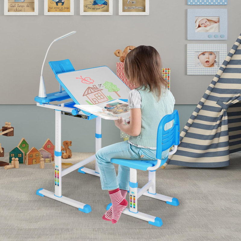 Ensemble de bureau et de chaise pour enfant réglable avec plateau inclinable, tiroir et lampe d'étude à DEL, Bleu