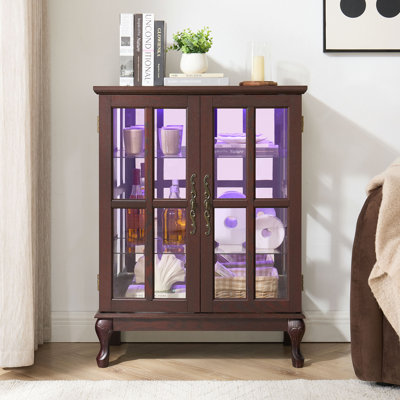 Glass Storage Cabinet with Full-Color RGB Light Strip & 2 Adjustable Shelves – Grid Door Buffet Sideboard with Magnetic Catch for Dining Room, Living